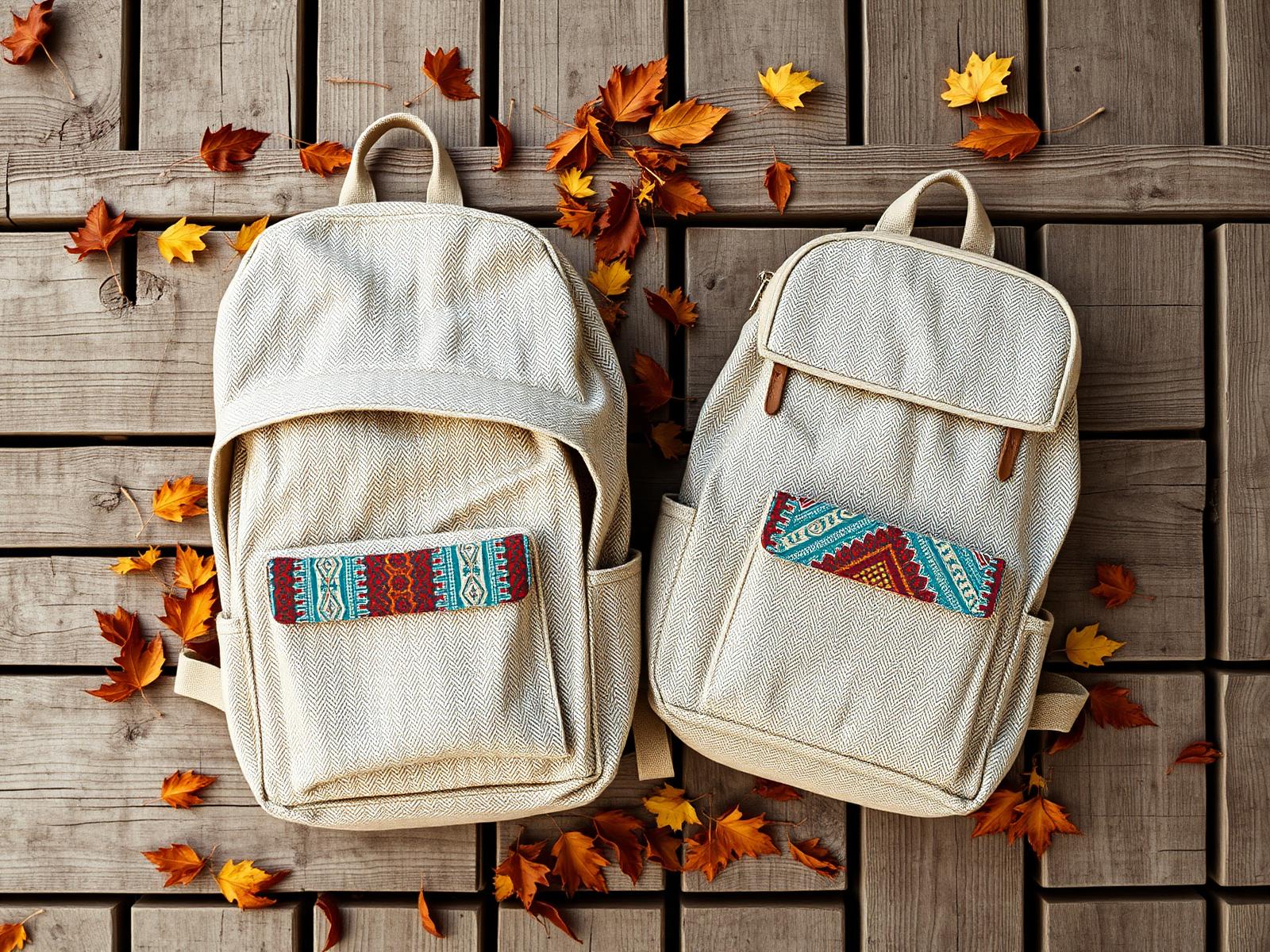 Natural hemp backpacks with ethnic woven front pockets on rustic wooden planks
